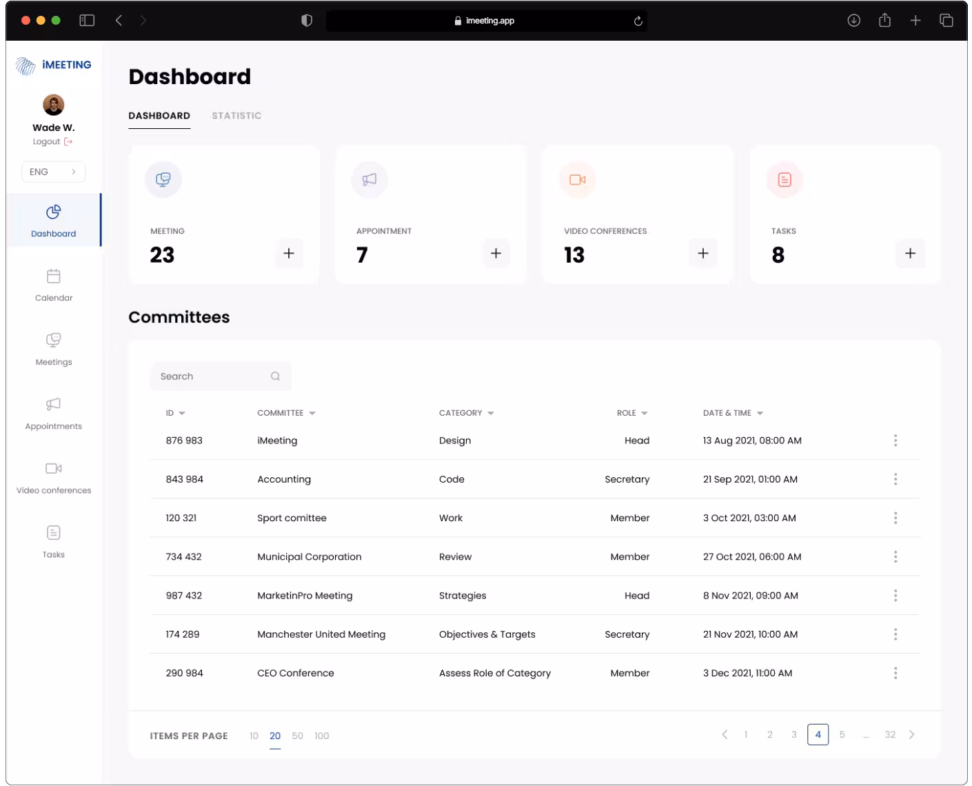 iMeeting meeting management dashboard showing committees, agendas, tasks, and video conferencing tools for government and enterprise organisations in Saudi Arabia